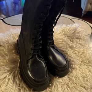Free People Black Rugged Moto  leather Boots zipper on side lace in front
